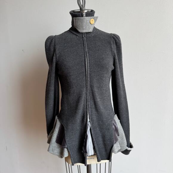 SACAI JAPAN Dark Gray Wool Zipper-Front Layered Grunge Sweater w Funnel Neck - Picture 2 of 11